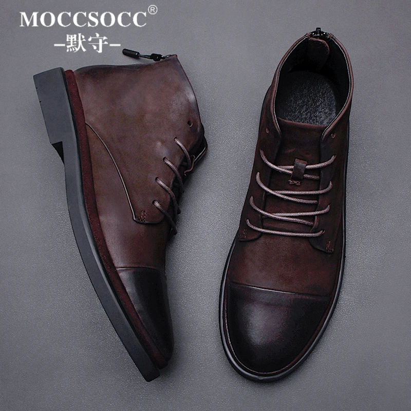 MOCCSOCC马丁靴男款复古英伦高帮鞋厚底增高鞋百搭时尚商务休闲鞋
