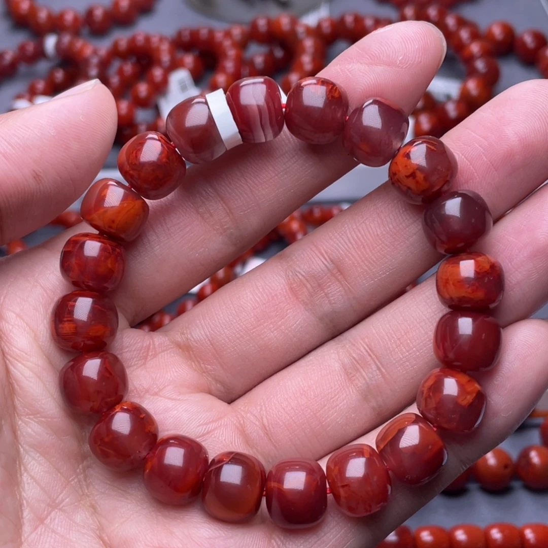 南红玛瑙未镶嵌南红玉石11mm瓦西原矿玫红火焰纹老型手串