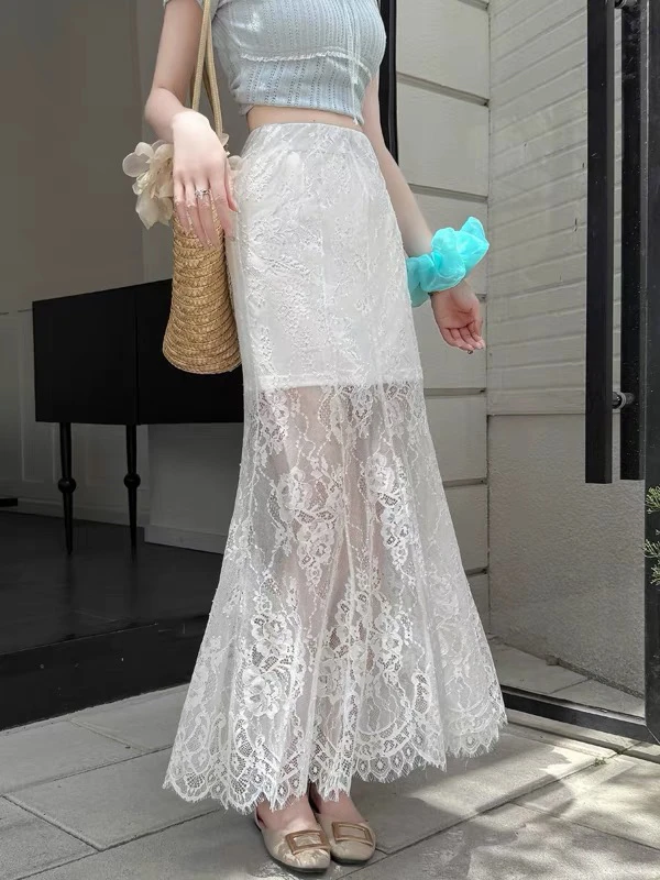 SUSIEHOLI 蕾丝镂空拼接包臀垂感鱼尾半身裙