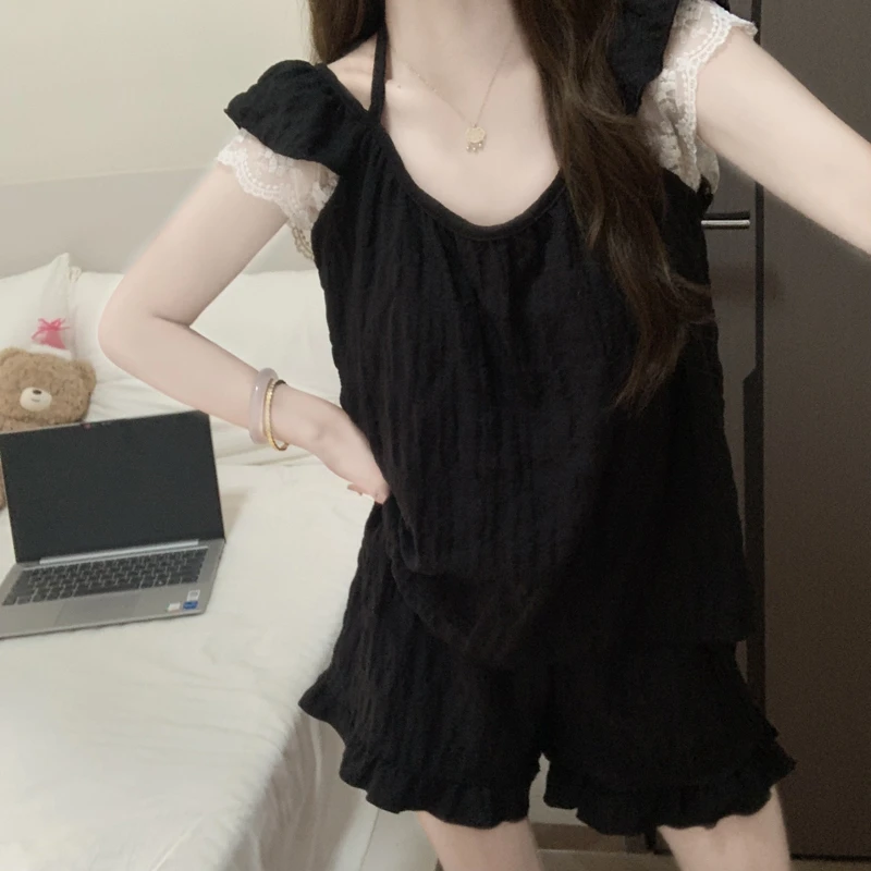 【带胸垫一体】睡衣女夏季2025新款吊带短裤云朵棉蕾丝边家居服套装