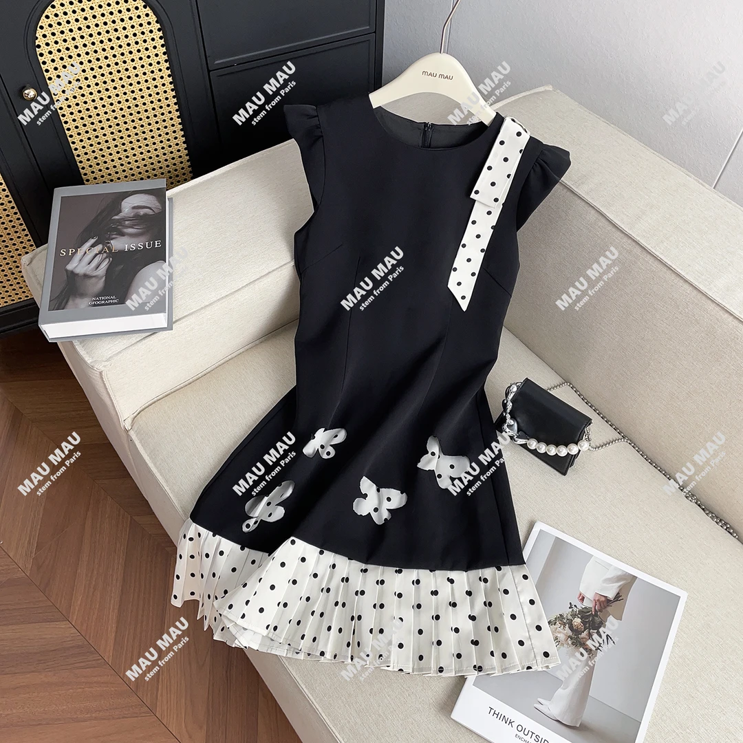 2026夏季法式小香风波点系带飞飞袖百褶连衣裙 DY7583