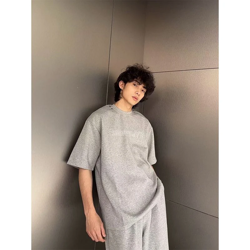 圆领设计感纯棉T恤纯色立体印花复古运动风韩版夏季重磅短袖上衣