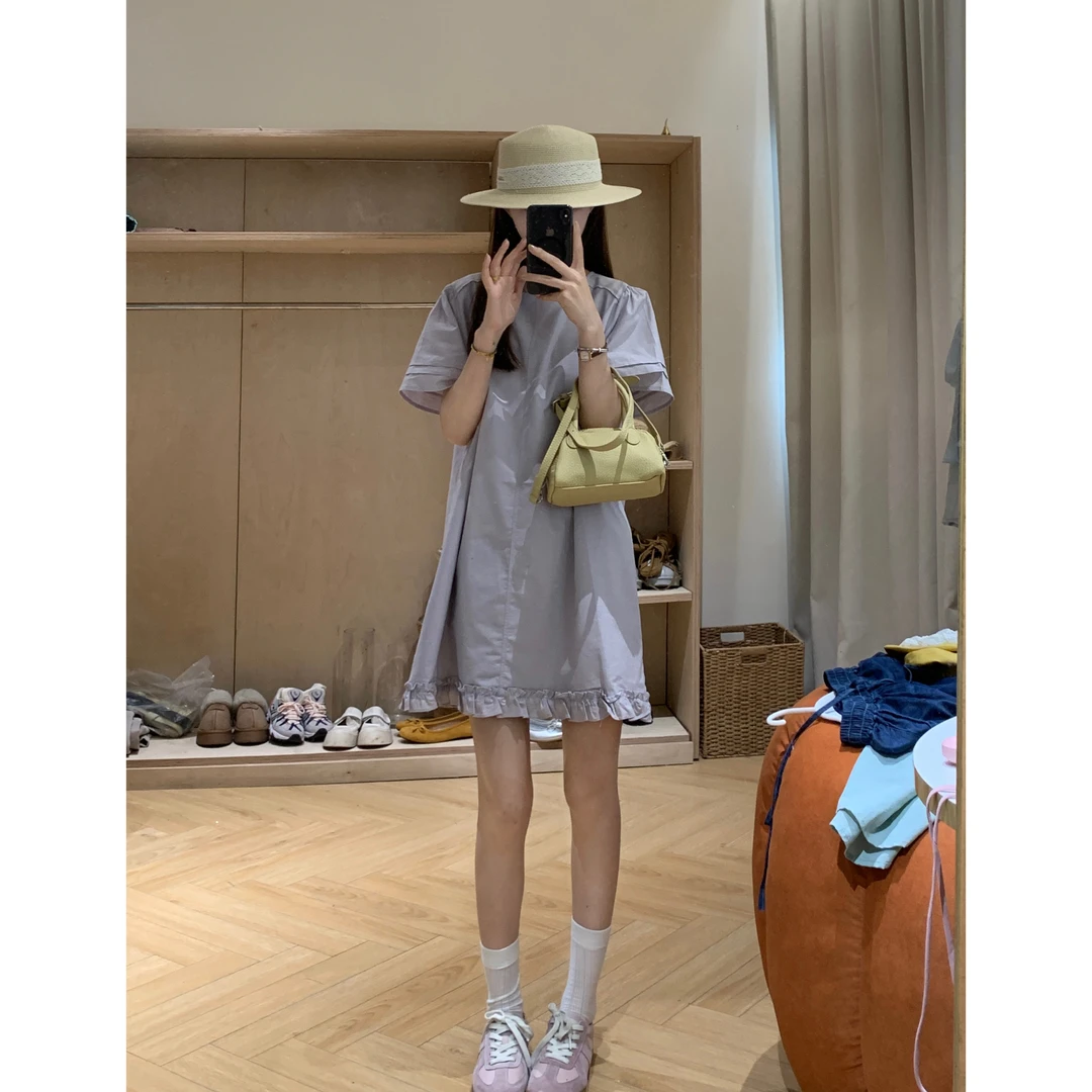 [YS] 韩系木耳边后背扣子圆领连衣裙（配腰绳）~X409