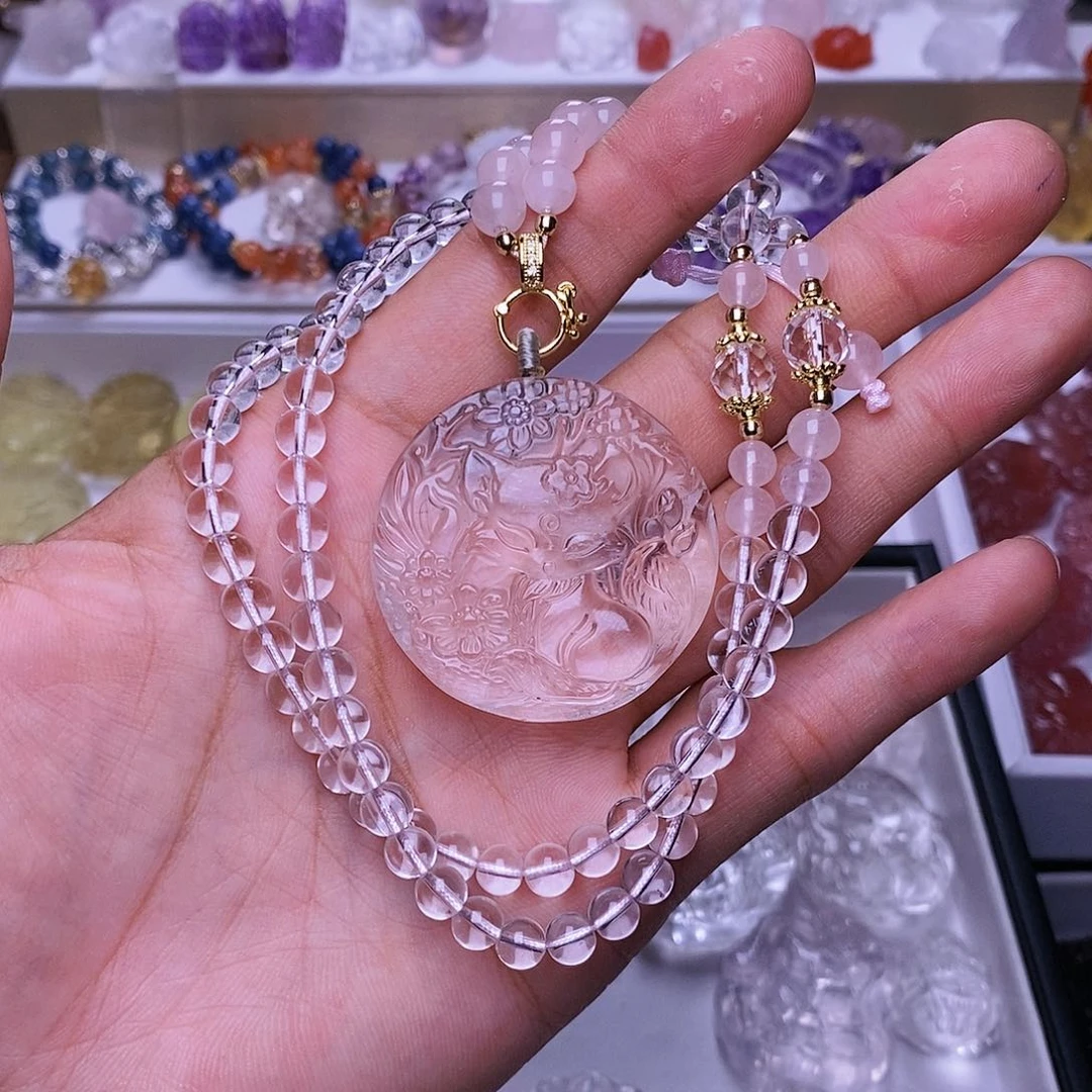 水晶颈饰未镶嵌白水晶圆牌媚狐吊坠 送链子