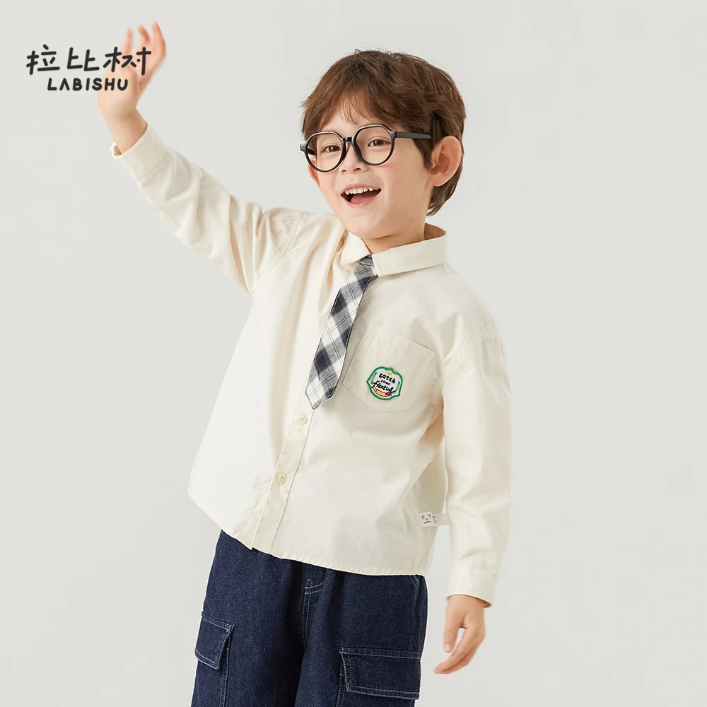 拉比树2025秋上新新款纯棉衬衣男童休闲舒适百搭上衣学院风衬衫