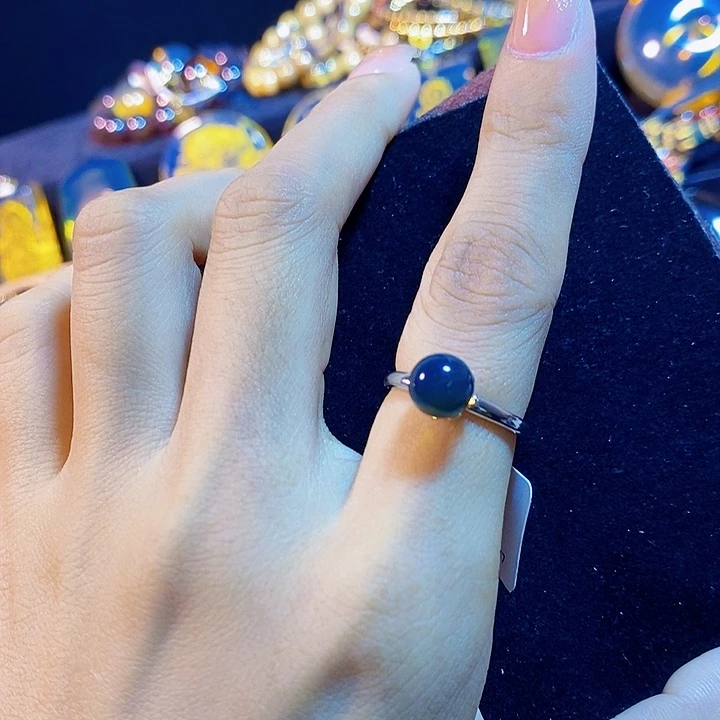 蓝珀银S925镶嵌珠宝奇石墨西哥蓝珀戒指