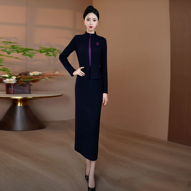 藏蓝色秋冬加厚毛呢连衣裙2025新款拼接修身长裙优雅时尚直筒长裙