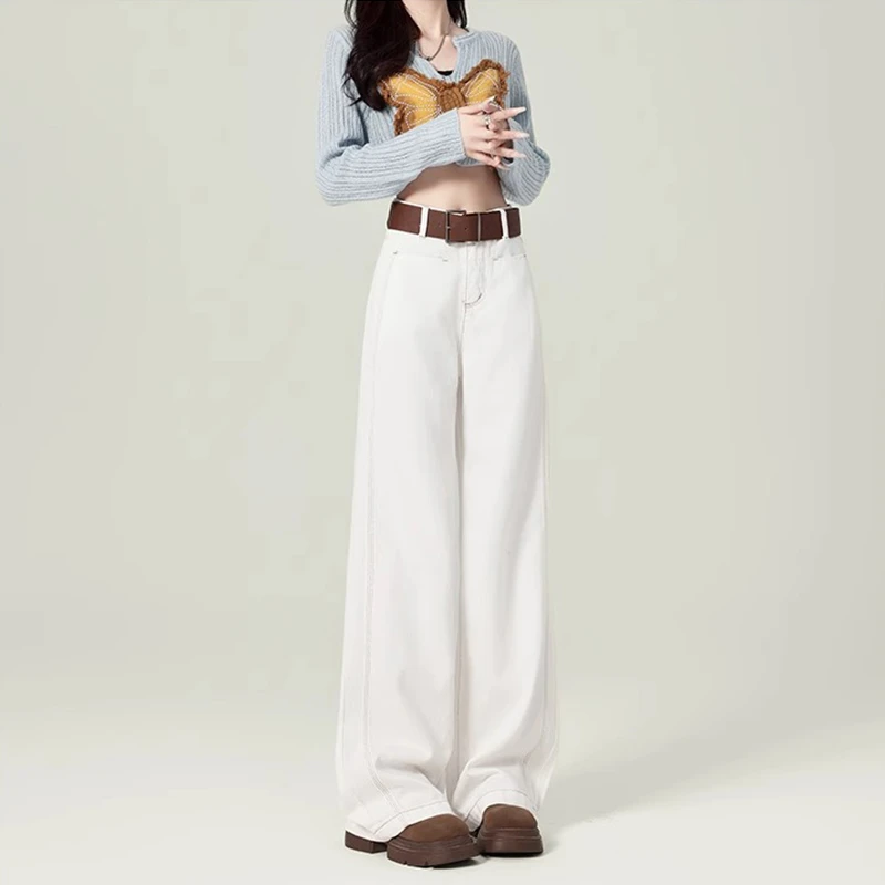 设计感白色直筒牛仔裤女2024早秋新款高腰梨形宽松显瘦阔腿拖地裤