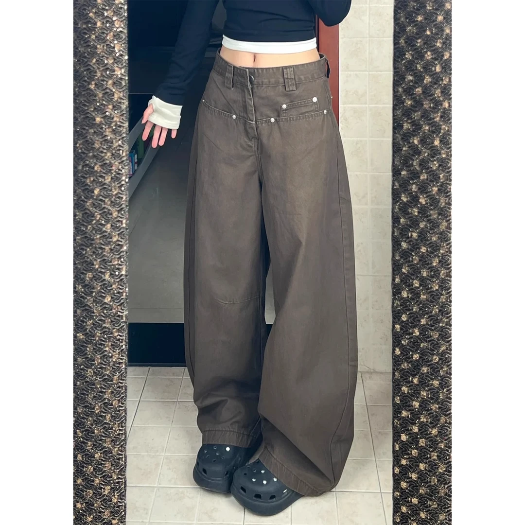 咖色裤子梨型身材粗腿宽胯弯刀工装裤女款大码胖mm显瘦阔腿镰刀裤