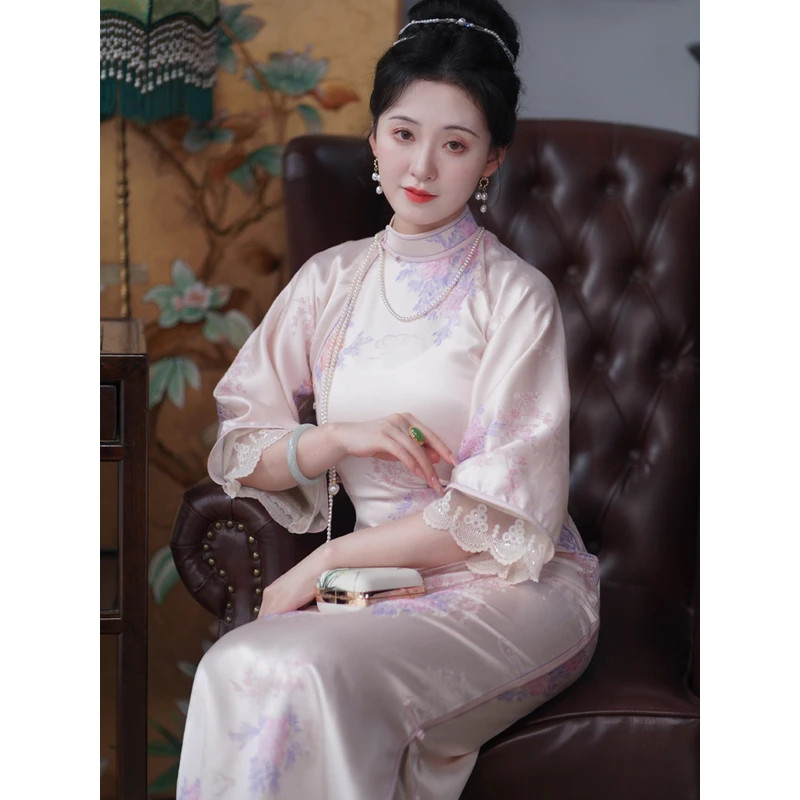 紫薇 春秋倒大袖长款民国风大小姐筒子领旗袍连衣裙