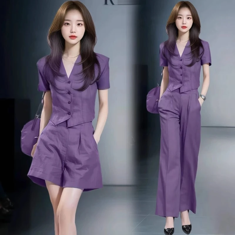 时尚套装女2025夏季新款洋气显瘦V领短袖阔腿裤气质减龄两件套潮