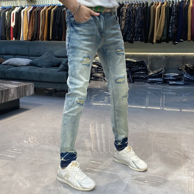 【也许家】新品男士欧货个性潮流牛仔裤浅色破洞修身长裤GG5031