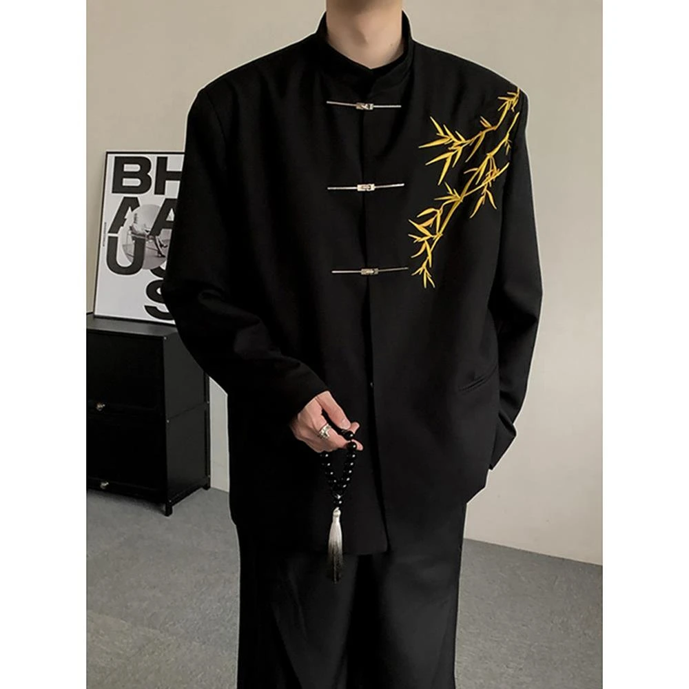 新中式男生订婚衣服套装国风立领中山装金竹刺绣成人礼服西装外套