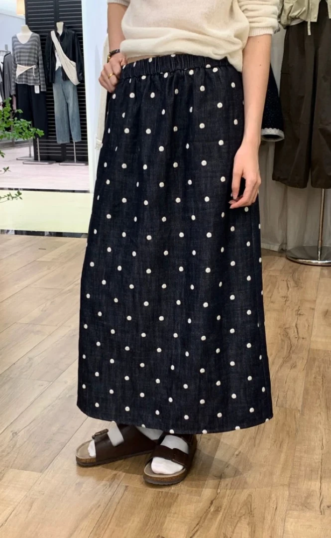 28662复古风松紧腰波点图案宽松长款半身裙