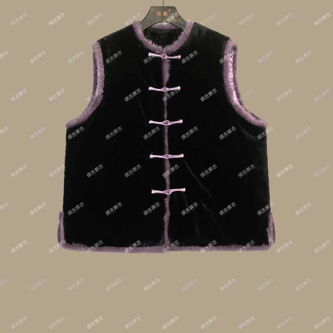 春-原创设计24-2200【紫月幽兰】丝绒国风复古圆领水貂毛马甲