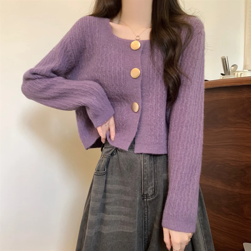 春秋季新款小个子短款方领毛衣外套开衫女宽松软糯长袖针织衫上衣