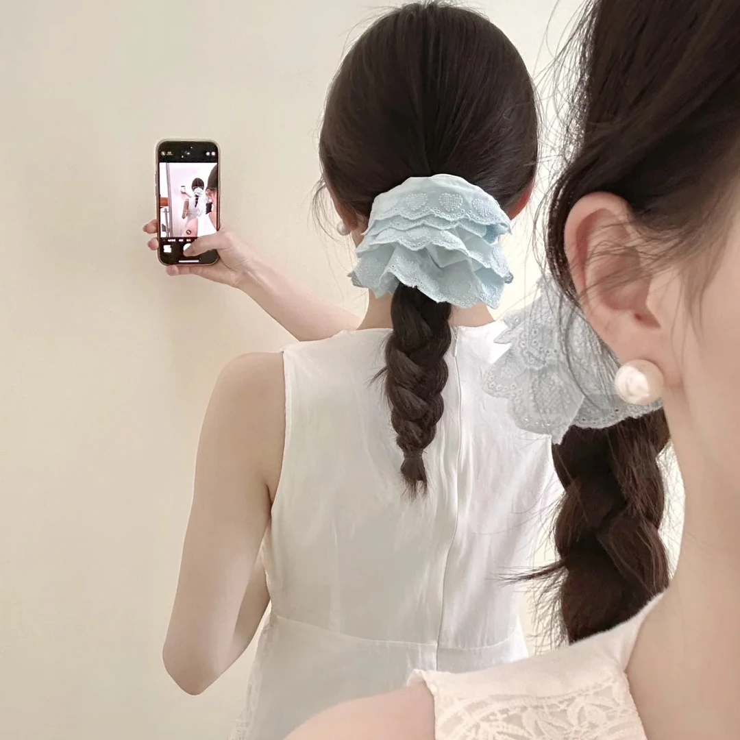 薄荷蓝花边大肠圈清新甜美发圈头饰发饰少女盘发丸子头发绳发饰