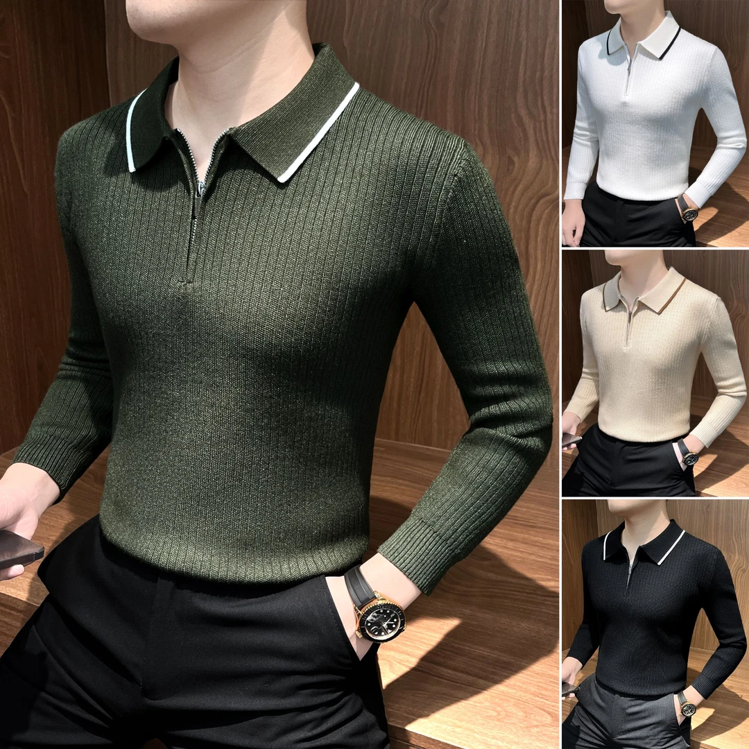 拉链领针织长袖POLO衫男装秋季爆款2025新款高级感商务休闲T恤男
