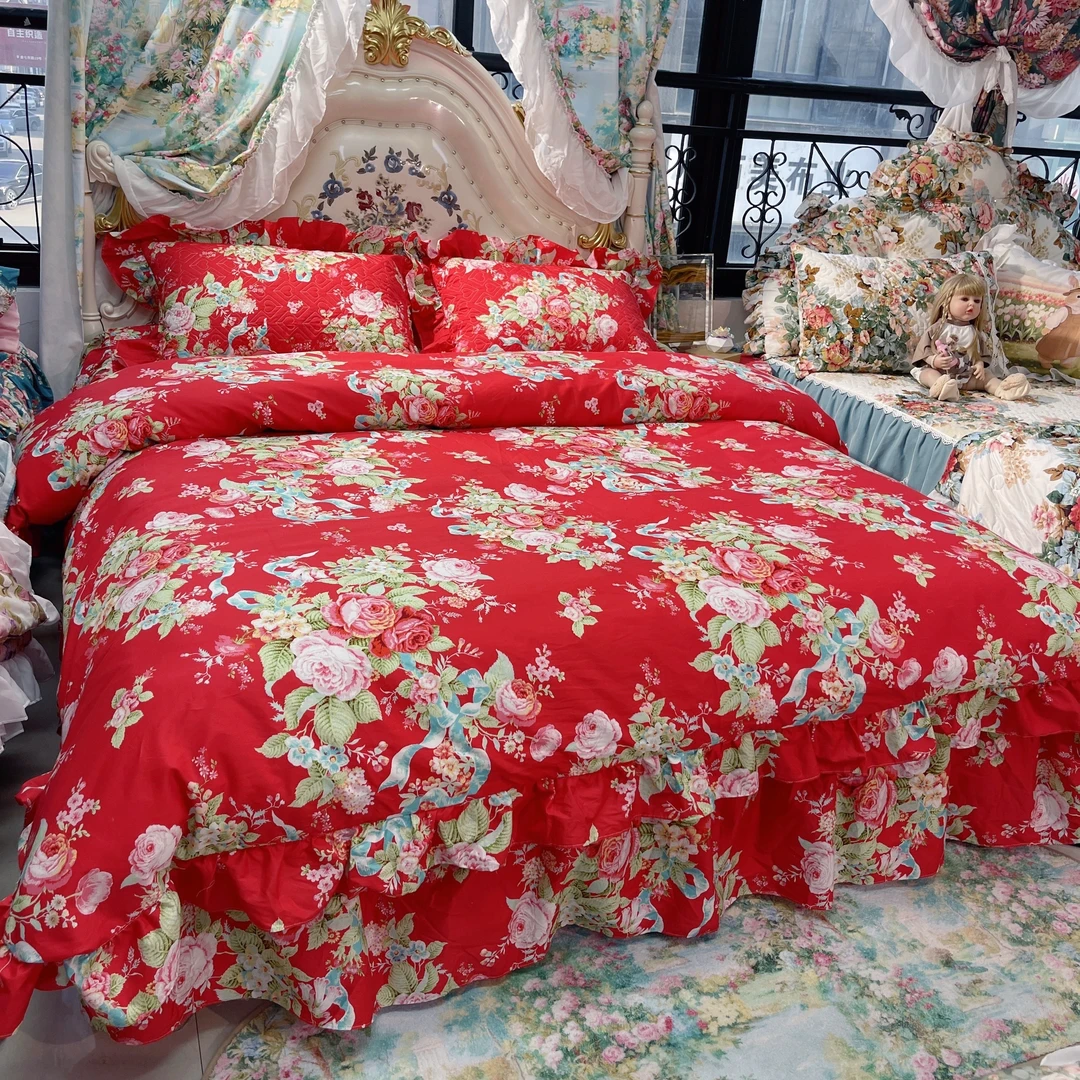 全棉数码印花大红正红红玫瑰床裙花边款套件防滑床盖不掉色公主风