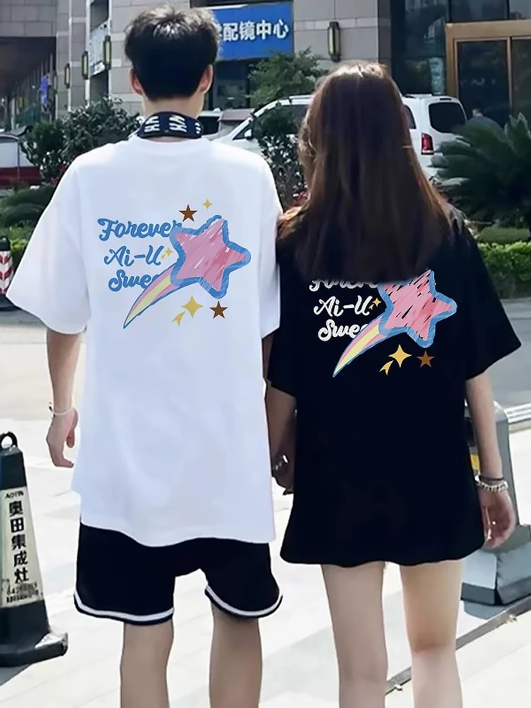 【两件装】夏季280克星星印花纯棉潮流休闲百搭圆领情侣宽松短袖t恤