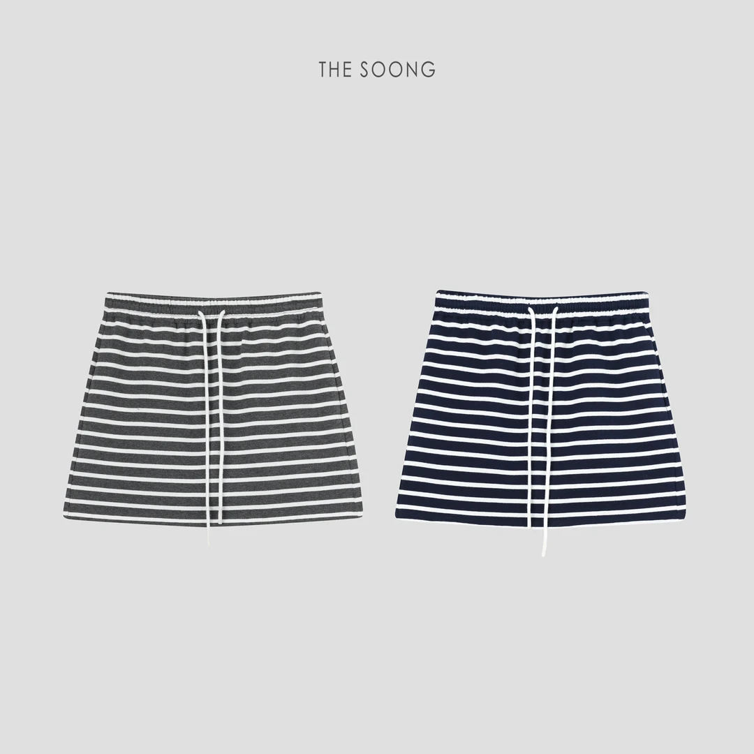 THESOONG|"夏日时光"经典纯棉撞色条纹松紧中腰半身裙HBQZ6929