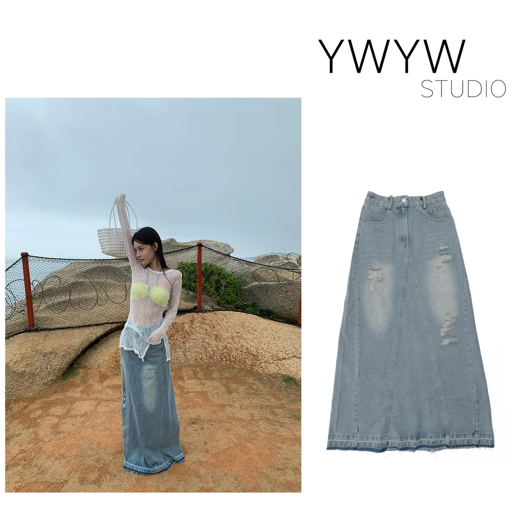 【YWYW25S/S】春夏氛围感磨破风拉毛下摆复古水洗高腰牛仔长裙3796