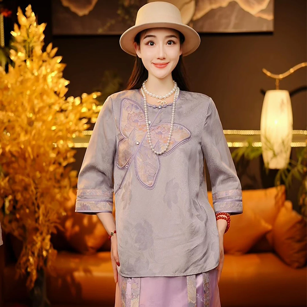 【可儿•高定】高端新中式设计师款拼宋锦桑蚕丝衬衫上衣3-J6002-1