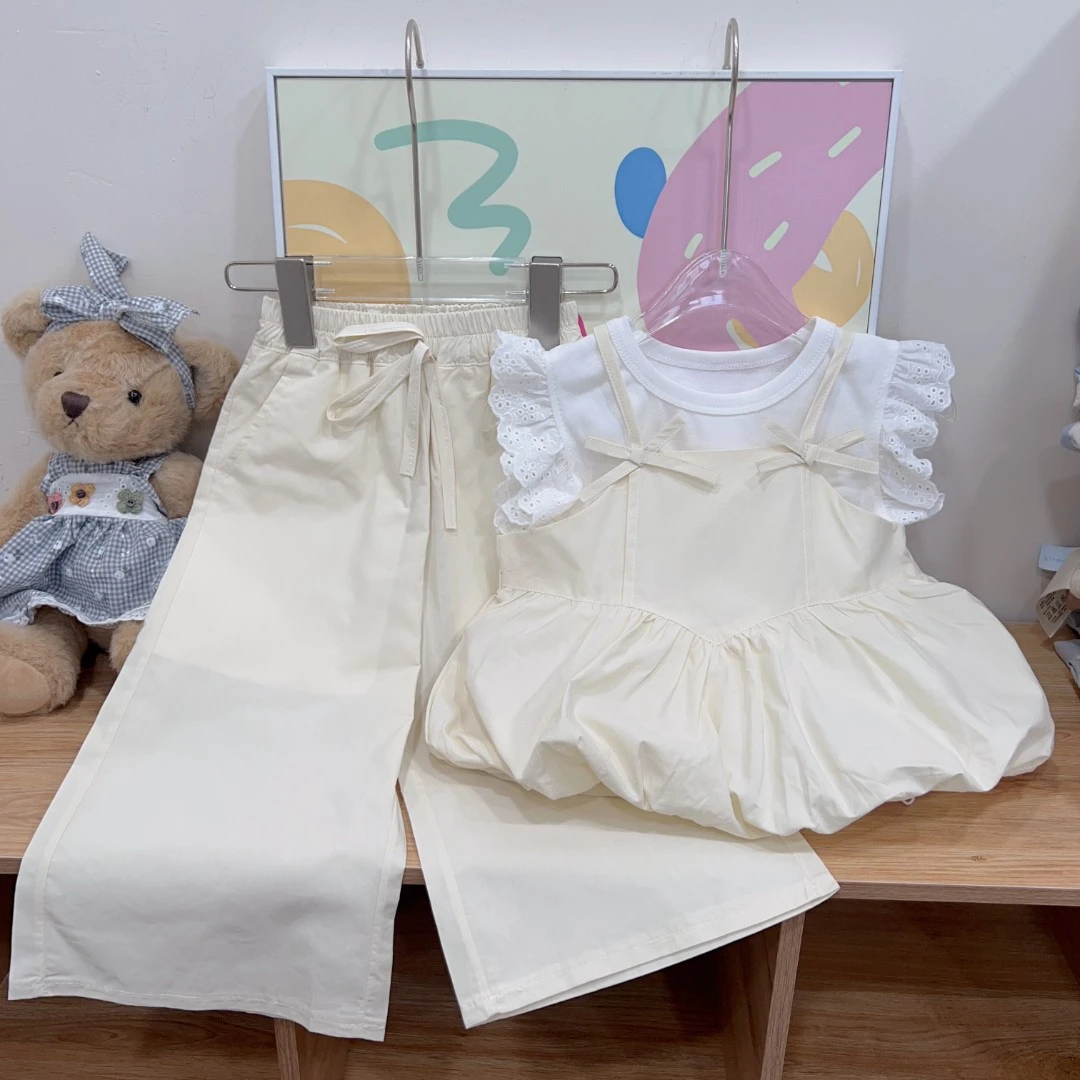 {花卷卷}2025夏季女童吊带花边袖T恤+蝴蝶结吊带+裤子三件套5317