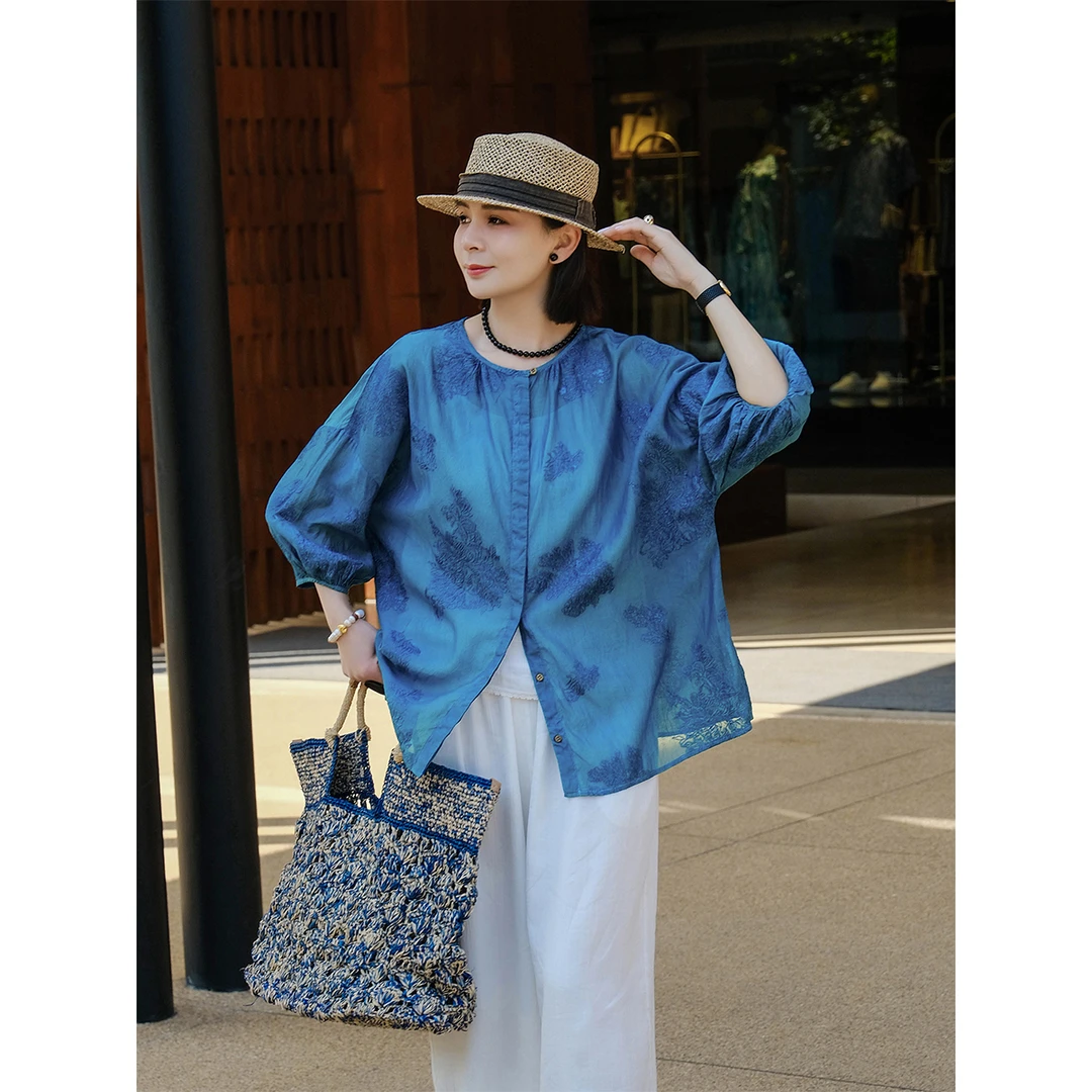 麻霖限量9姆米桑蚕丝棉水溶刺绣植物靛蓝染色圆领七分泡泡袖衬衫