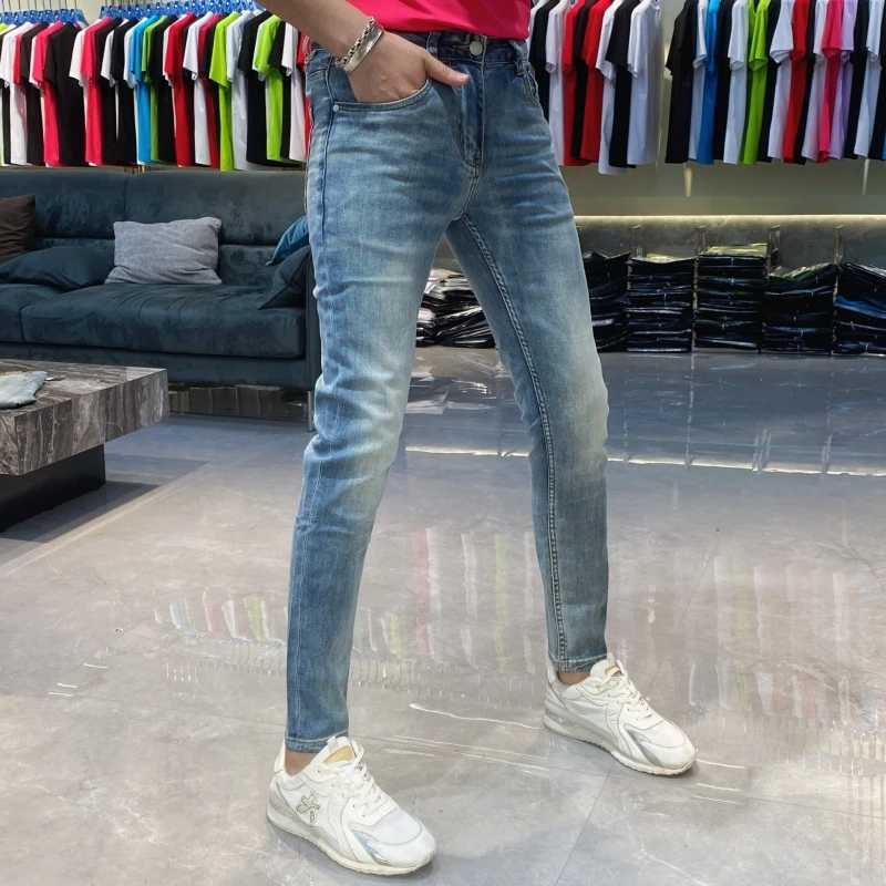 【也许家】新品夏季男士欧货修身小脚简约蓝色百搭牛仔裤LB5855