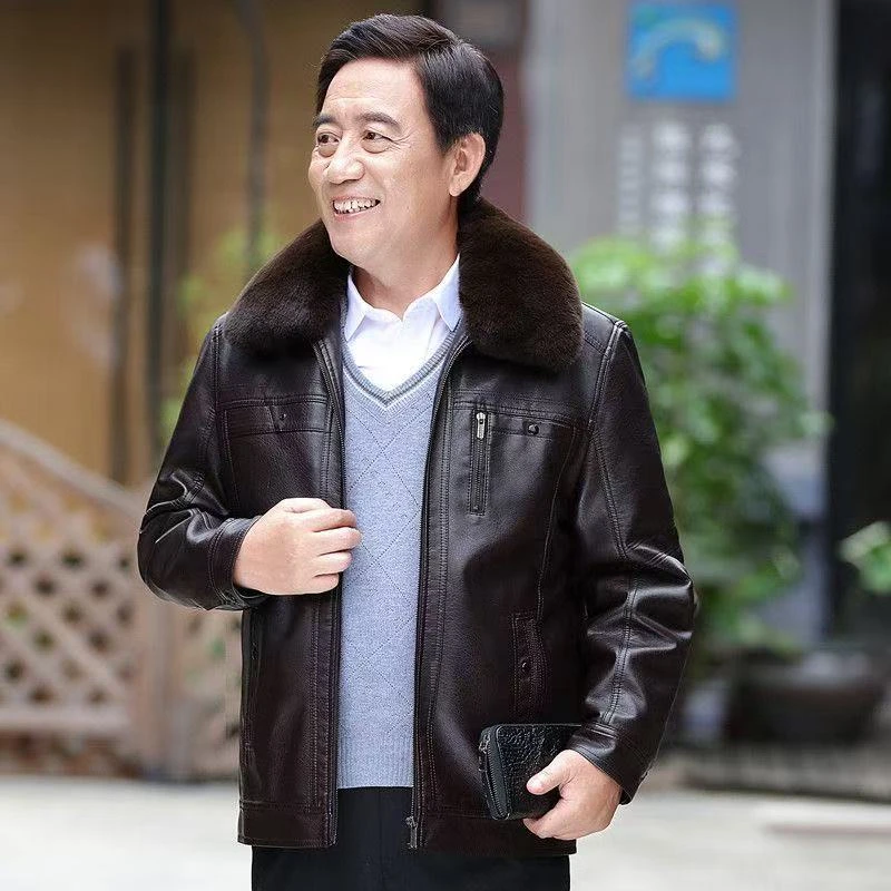 男士皮衣加绒加厚爸爸装拉链皮衣