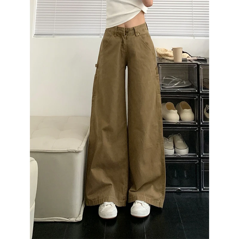 美式复古微喇多口袋工装牛仔裤女秋季新款低腰设计感宽松阔腿长裤