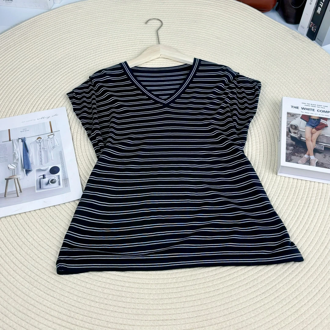 玲姐定制-V领条纹款直版褶皱小飞袖宽松休闲针织短袖256018