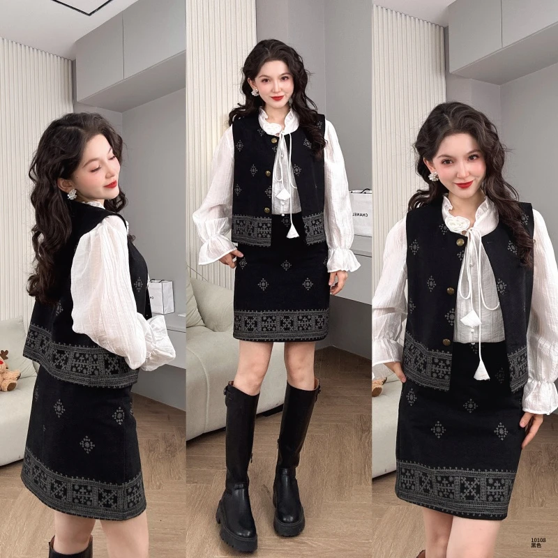 Saeda品牌女装民族风小香风短半裙气质显瘦洋气三件套YF10108