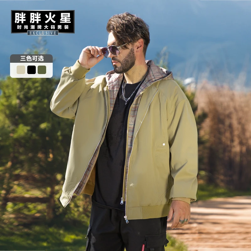 胖胖火星大码男装秋季假两件连帽夹克男撞色防风潮流复古宽松外套