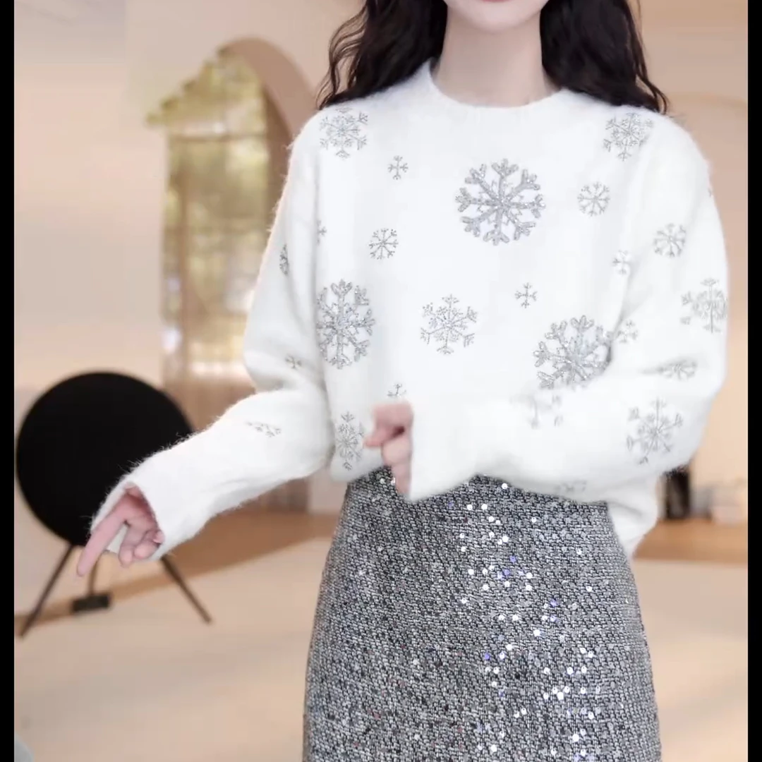 2024秋冬新款落肩雪花长袖毛衣百搭气质上衣LK2501267