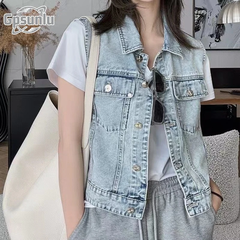 gpsunlu小香风牛仔马甲女秋季新款重工水洗百搭小香风牛仔马甲