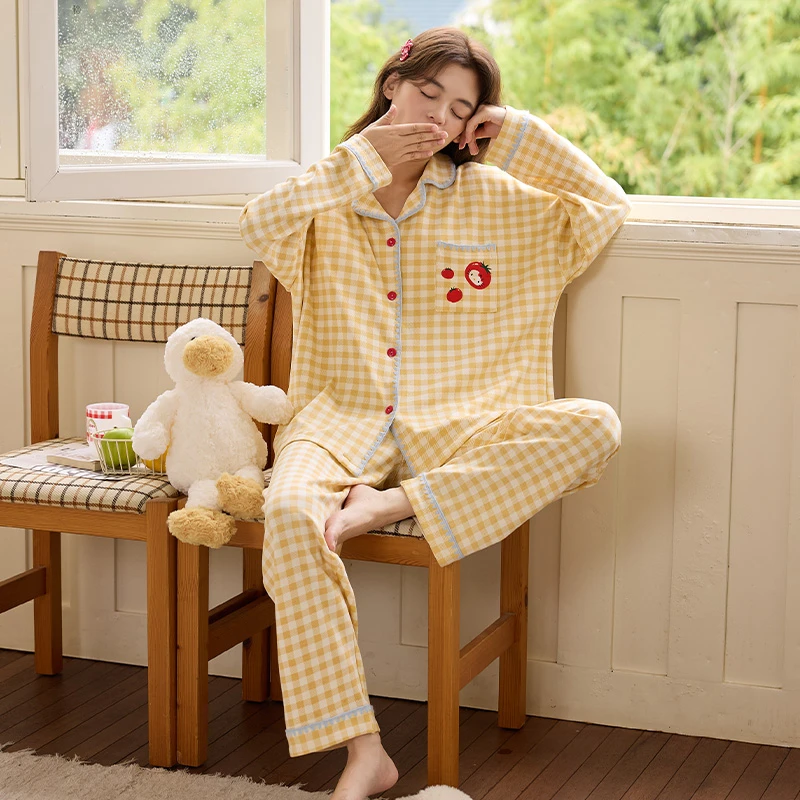 【奶黄格子】睡衣女春秋网红爆款长袖长裤套装学生高颜值大码家居服