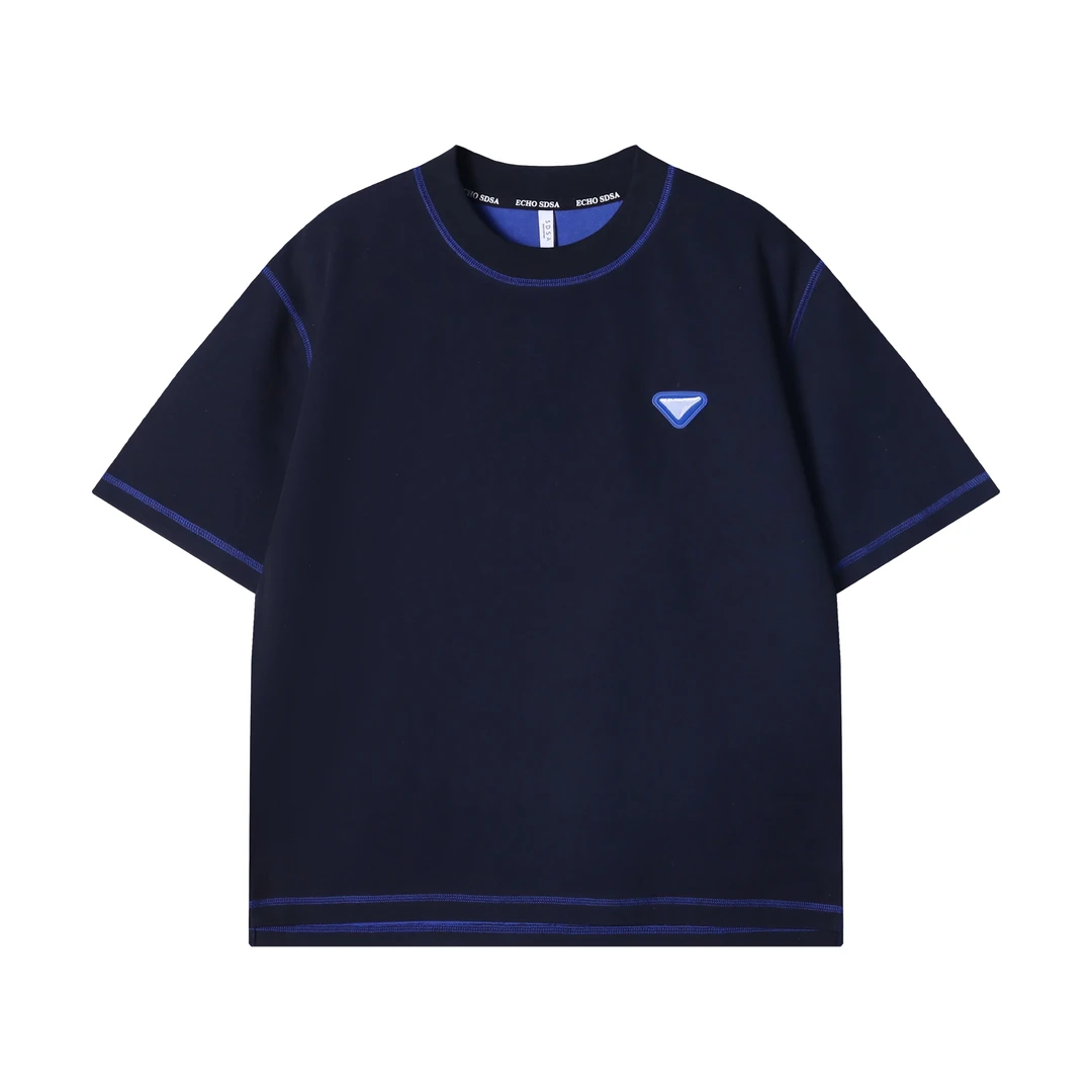 夏季高级感新款潮牌明线倒三角圆领短袖T恤百搭时尚休闲情侣上衣