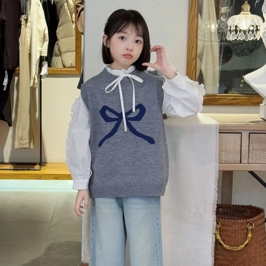 【亲子装】女童蝴蝶结毛衣背心春秋款2025韩版中大童休闲针织马甲