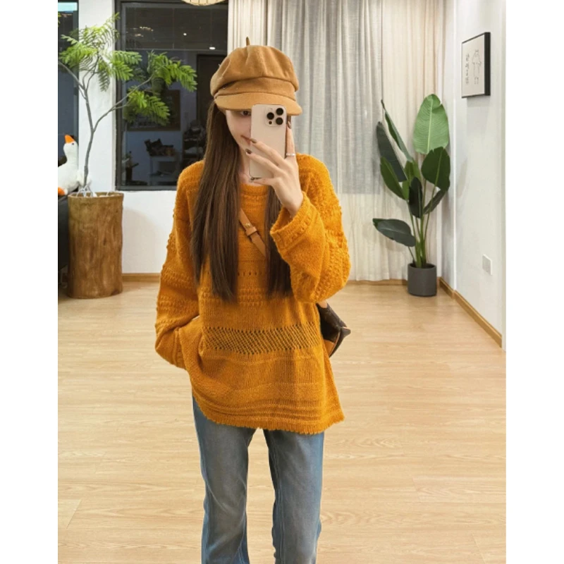橘色镂空破洞马海毛毛衣女秋冬季韩系氛围感穿搭慵懒风针织衫上衣