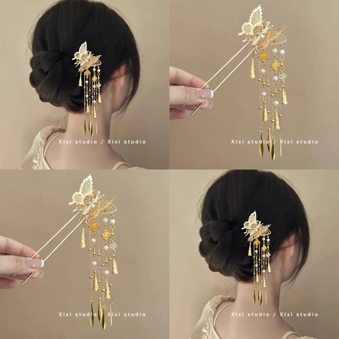 金树楹蝶！新中式金色蝴蝶流苏发簪！高级感U型簪子新品盘发器女