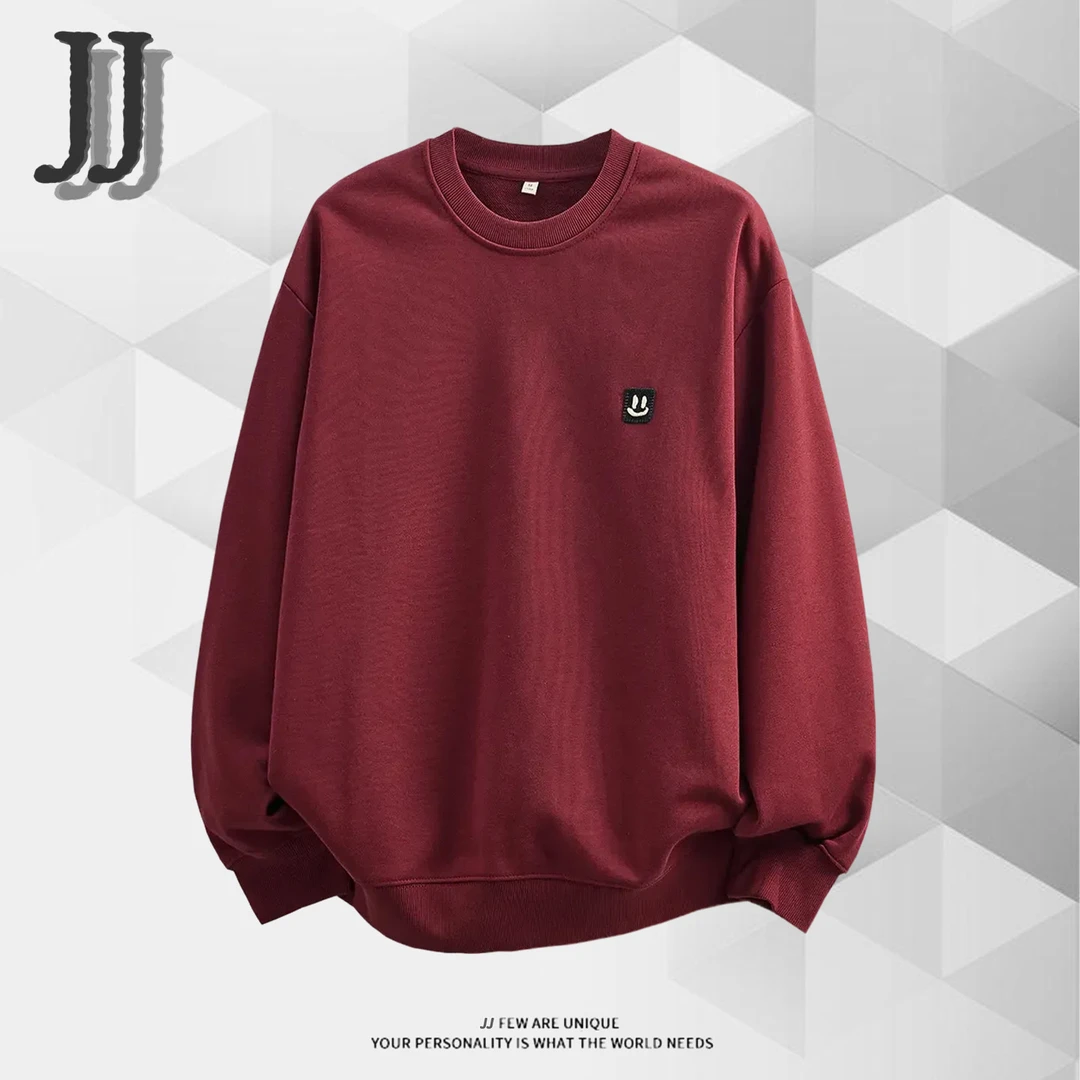 JJ 高级感慵懒风刺绣圆领长袖卫衣男款2025秋冬红色宽松外穿上衣