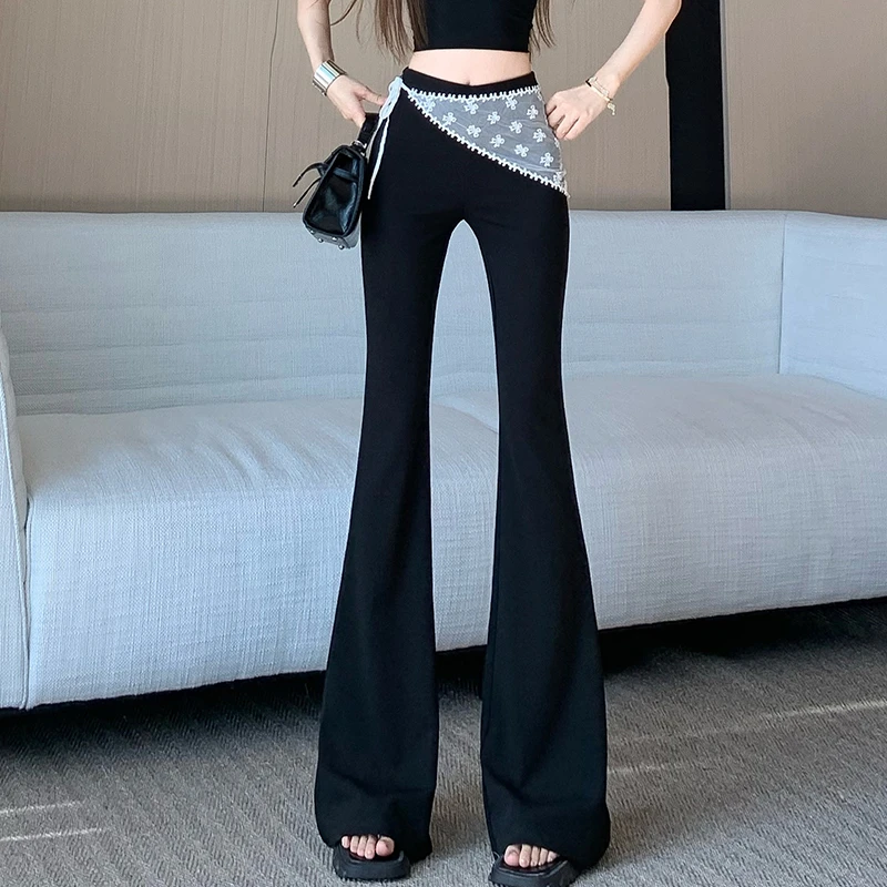 假两件屁帘蕾丝拼接微喇裤子女春季高腰显瘦黑色西装喇叭裤马蹄裤