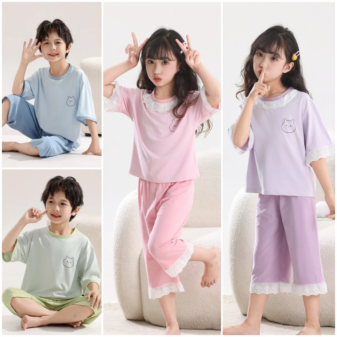 .【A类爆款】儿童无骨夏季家居服套装睡衣空调服薄小中大男女童