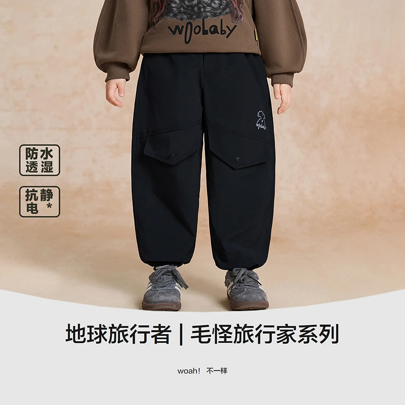 [防水透湿]woobaby儿童工装裤25冬新品加绒保暖抗静电运动休闲裤