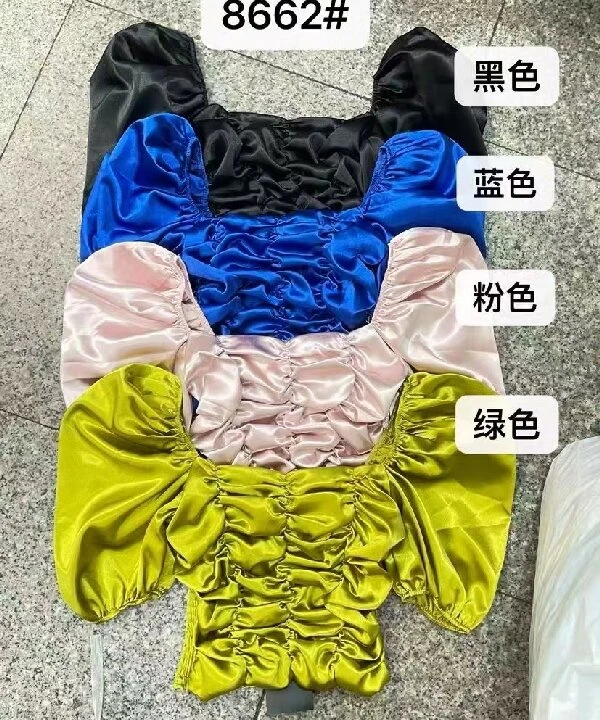 欧街-绸缎面褶皱泡泡袖短袖03216