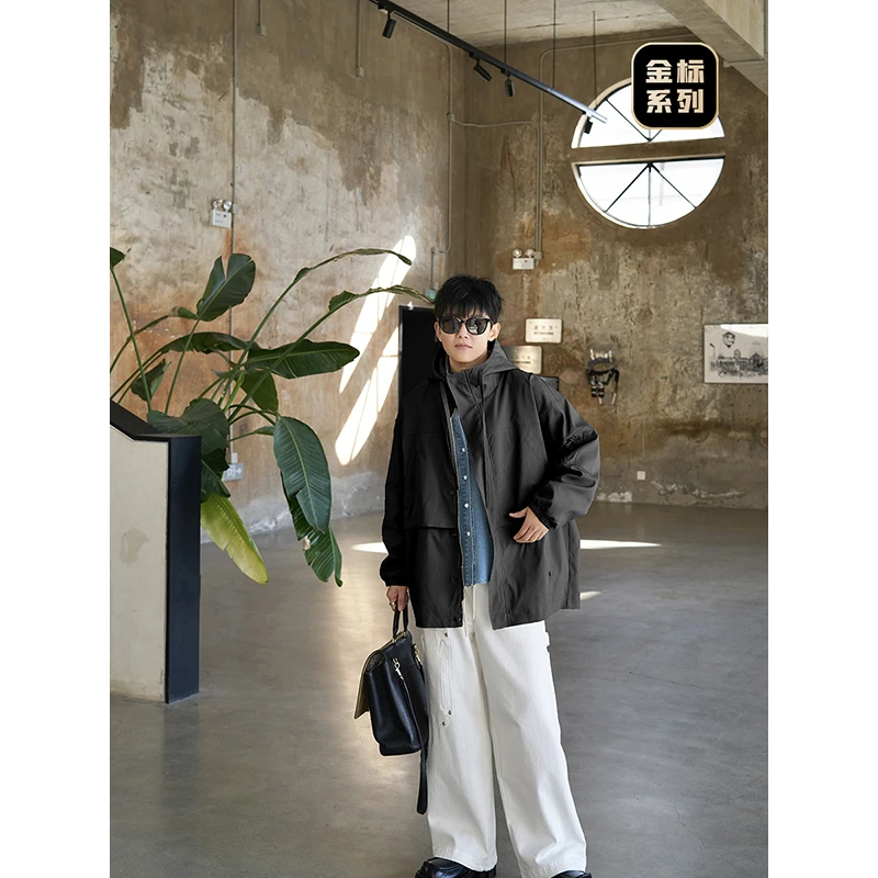 Cookawu春多口袋户外休闲通勤黑色连帽风衣外套