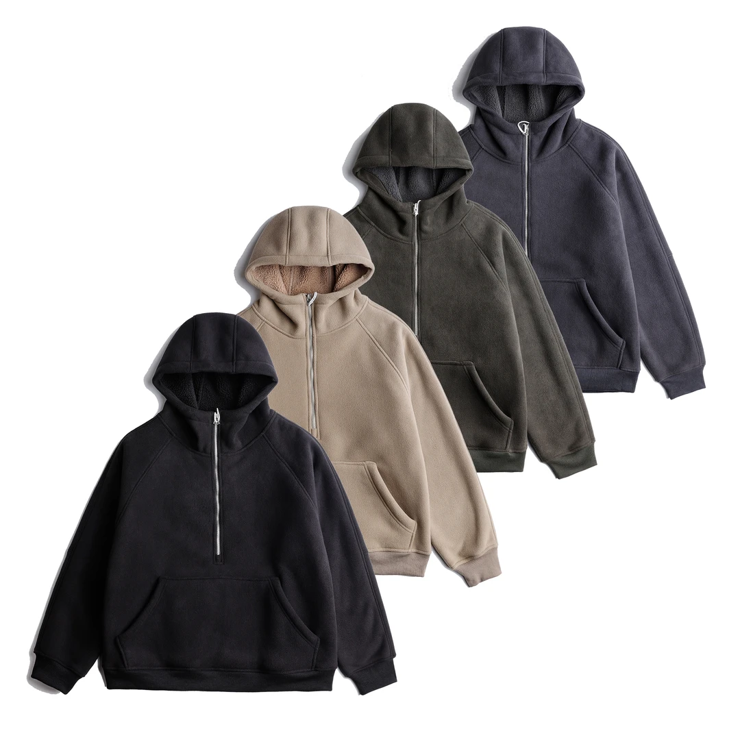 冬季百搭连帽加绒加厚宽松双面摇粒绒男士半拉链连帽外套GW24028
