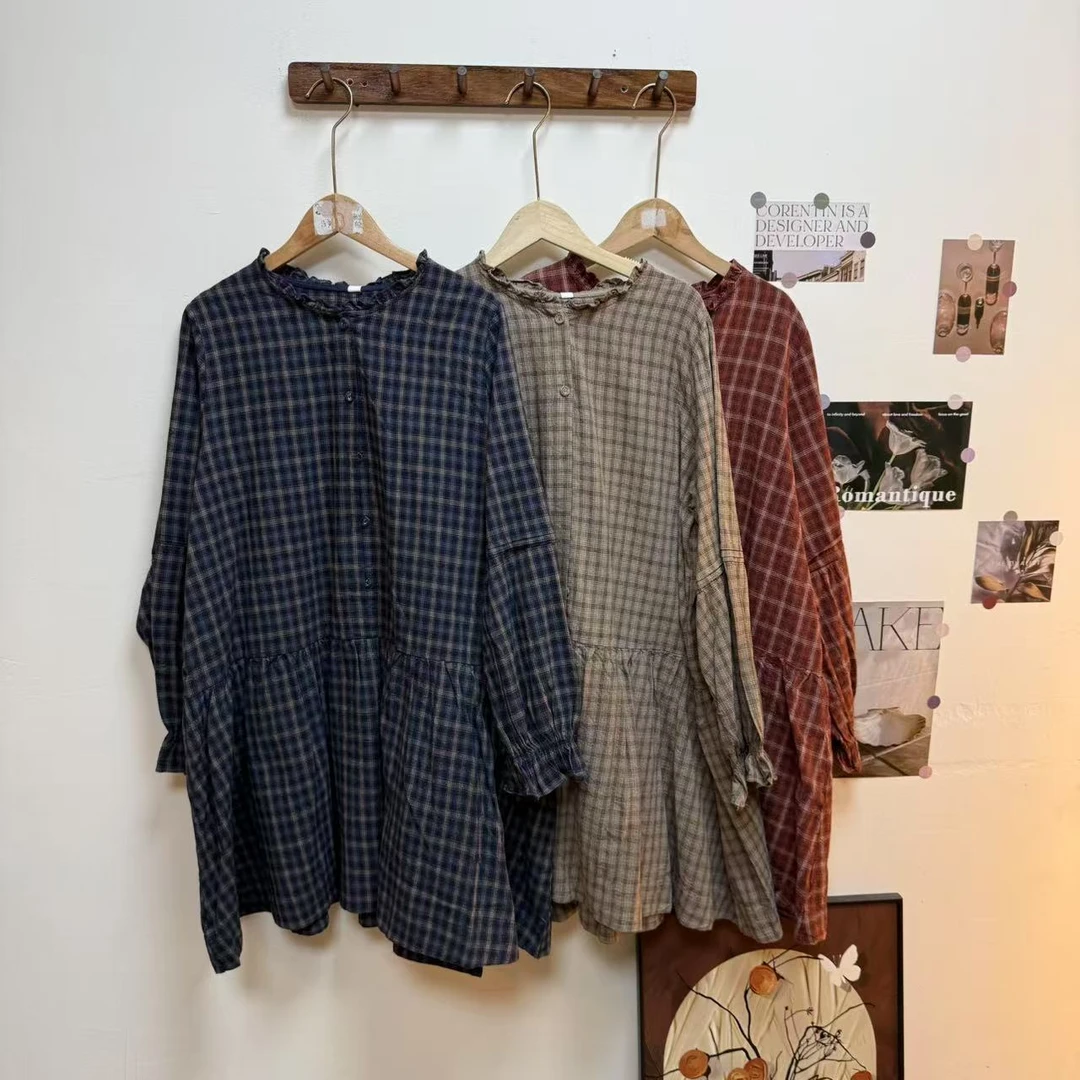 S8722 格纹半开领长袖复古拼接百搭连衣裙格子